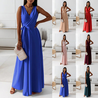 V-neck Sleeveless Dress With Belt Summer Fashion Party Club Evening Maxi Dresses For Women Clothing