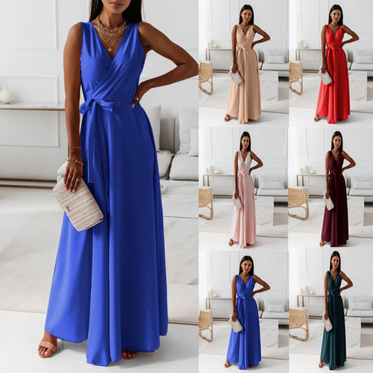 V-neck Sleeveless Dress With Belt Summer Fashion Party Club Evening Maxi Dresses For Women Clothing